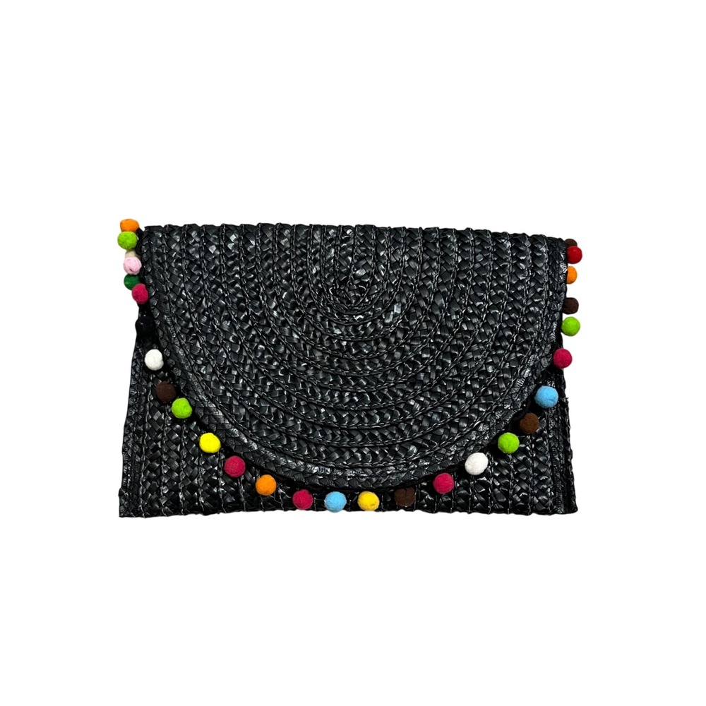 Shiraleah Chicago Woven Straw Clutch Bag Black Multi Color Pom Pom Trim Envelope